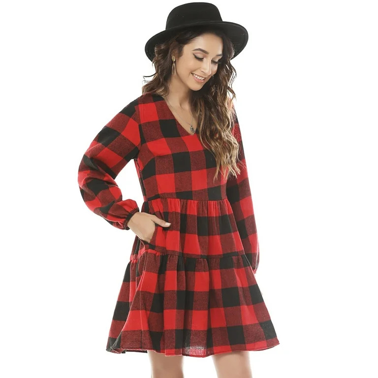 FANCYINN Womens Long Sleeve Buffalo Plaid Shift Tunic Dress Ruffle Hem Vneck Casual Swing Babydol... | Walmart (US)