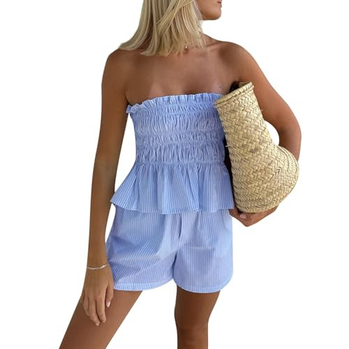 Yuemengxuan Women Shirred Top Shorts Summer Outfits Set 2 Piece Striped Pajamas Set Sleeveless Ruched Bandeau Tube Top Shorts (Blue #A, M) | Amazon (US)