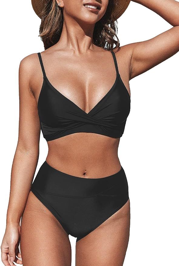 Amazon.com: CUPSHE Women's Bikini Sets Two Piece Swimsuit High Waisted V Neck Twist Front Adjusta... | Amazon (US)