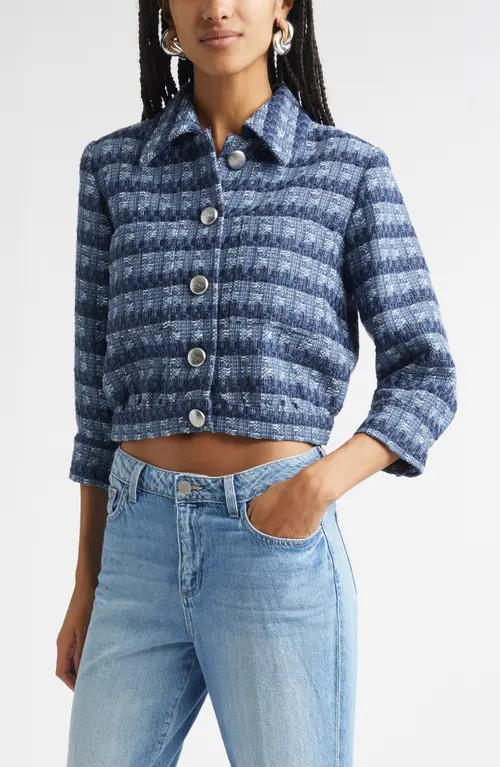L'AGENCE Jia Crop Tweed Jacket in Blue Multi Stripe Tweed at Nordstrom, Size 00 | Nordstrom