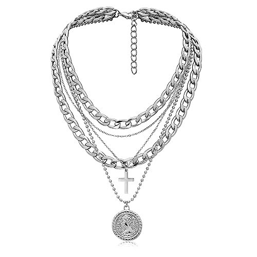 MJartoria Gold Layered Necklaces for Women Trendy Retro Coin Pendant Necklace Dainty Chunky Chain Choker Necklaces for Jewelry Birthday Gifts (Silver, A-Y-Retro Coin-Cross-5 in 1 Layered) | Amazon (US)