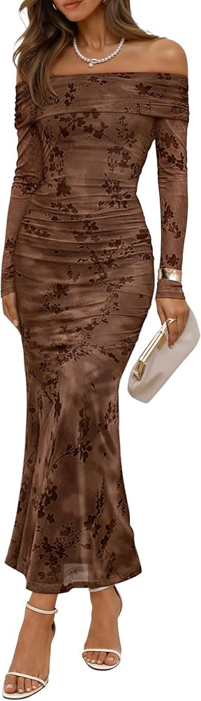 ZESICA Womens Long Sleeve Off Shoulder Maxi Fall Mesh Wedding Guest Dresses | Amazon (US)