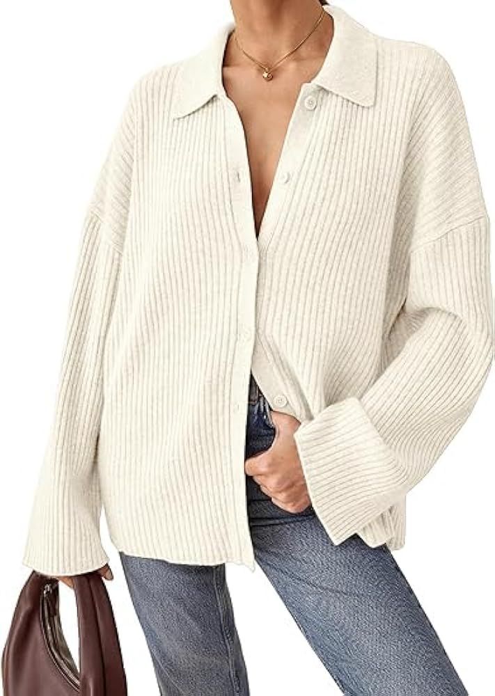 Women's Lapel Collar Cardigan Sweaters Long Sleeve Button Down Cable Knit Sweater Outwear | Amazon (US)