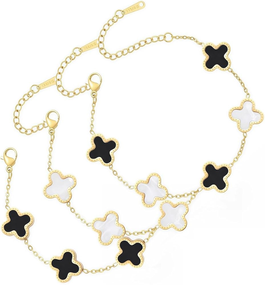 Four Leaf Clover Bracelets 18K Gold Plated Lucky Bracelet for Women 3Pcs White+Black+W&B Flower L... | Amazon (US)