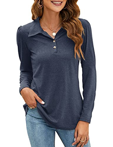 LOMON Women's Long Sleeve Collared Button Down Shirt Blouse Top Navy Blue S | Amazon (US)