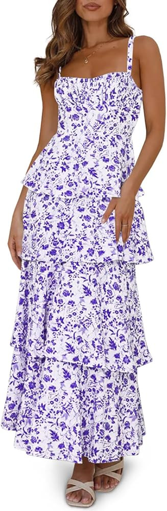 Fisoew Womens Floral Maxi Dresses Spaghetti Strap Casual Sleeveless Ruffle Flowy Tiered Dress | Amazon (US)