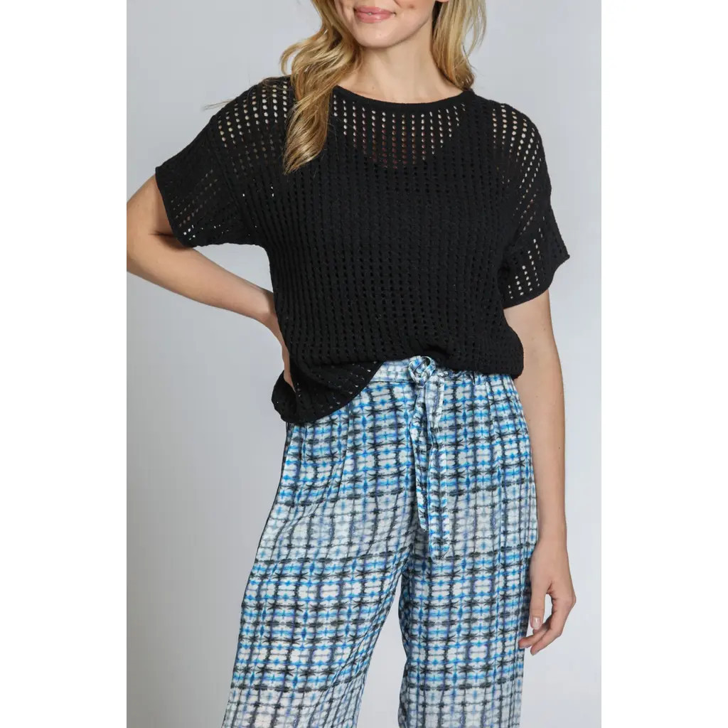 APNY Open Stitch Short Sleeve Sweater in Black at Nordstrom, Size Xx-Large | Nordstrom