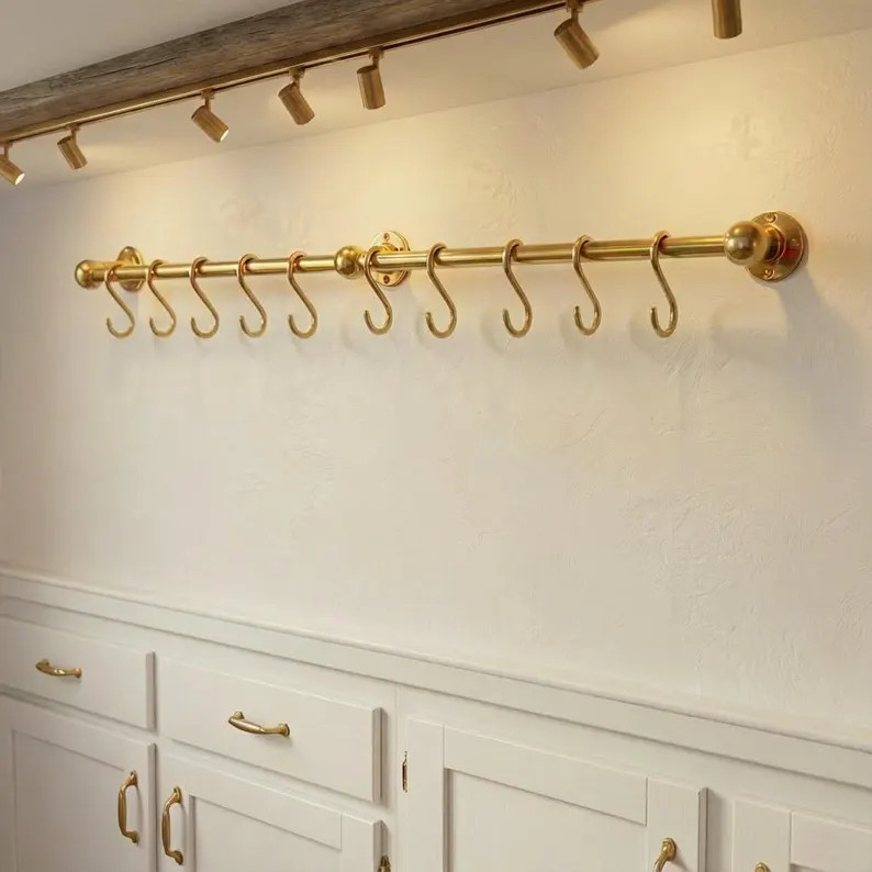 Unlacquered Brass Pot Rail With S Hooks – Wall Mounted Kitchen Organizer for Pots & Pans - Soli... | Etsy (US)