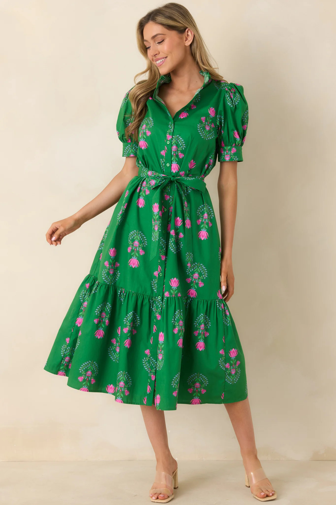 Free To Fly Green Cotton Floral Button Front Midi Dress | Red Dress