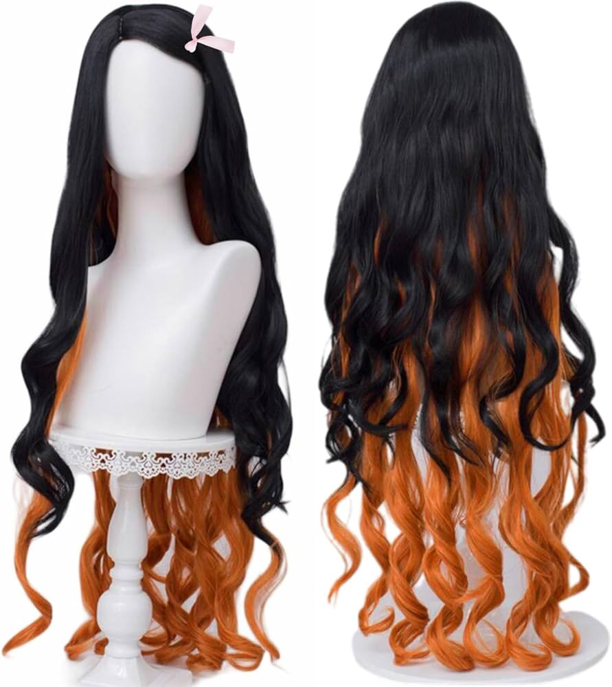 SL Nezuko Cosplay Wig + Pink Ribbon for DS, Long Black Orange Wig Anime Hair Wigs with Cap for Ha... | Amazon (US)