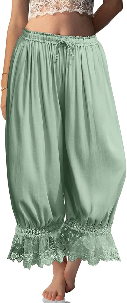 TARSE Women Linen Lace Trim Long Bloomers Pants Ruffle Victorian Vintage Pantaloons Summer Beach ... | Amazon (US)