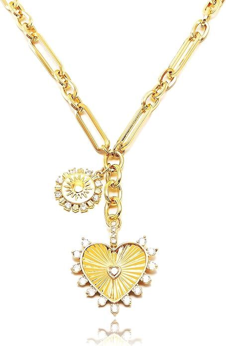 Sun Heart Necklace for Women 18K Gold Plated Heart Pendent Necklace Chunky Chain Choker Necklace ... | Amazon (US)