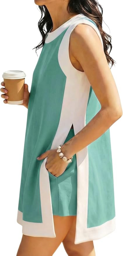 Hooever Women's 2 Piece Sets Casual Color Block Crewneck Short Sleeve Pullover Tops Matching Shor... | Amazon (US)
