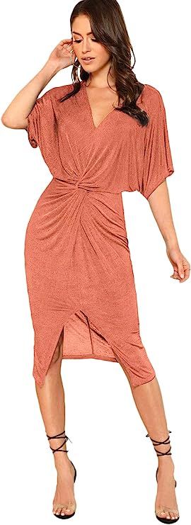 Floerns Women's Short Sleeve V Neck Twist Front Split Midi Dress | Amazon (US)