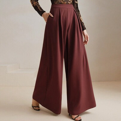 Design Pleated Loose Wide Leg Pants, Draped Flowing Maxi Trousers For Women, Valentine's Day, Vacation, New Year's Outfit | SHEIN