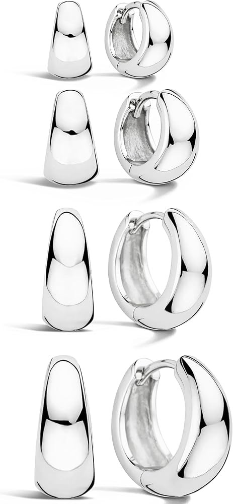 Silver Hoop Earrings Set for Women, Hypoallergenic Small Huggie Earrings Sterling Silver Chunky S... | Amazon (US)
