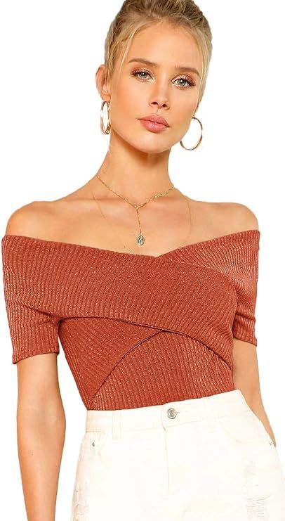 Milumia Women's Elegant Off Shoulder Short Sleeve Cross Wrap Bardot Ribbed Knit Shirt Tops | Amazon (US)