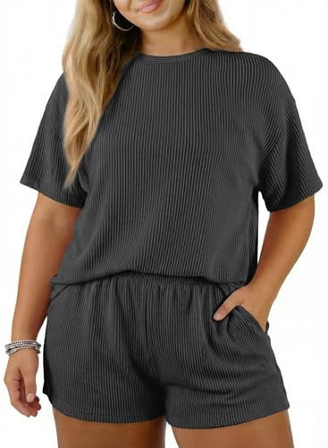 Eytino Women Plus Size Pajama Set 2 Piece Outfits Short Sleeve Top and High Waisted Pocket Shorts Summer Lounge Sets Tracksuit,1X Grey | Amazon (US)