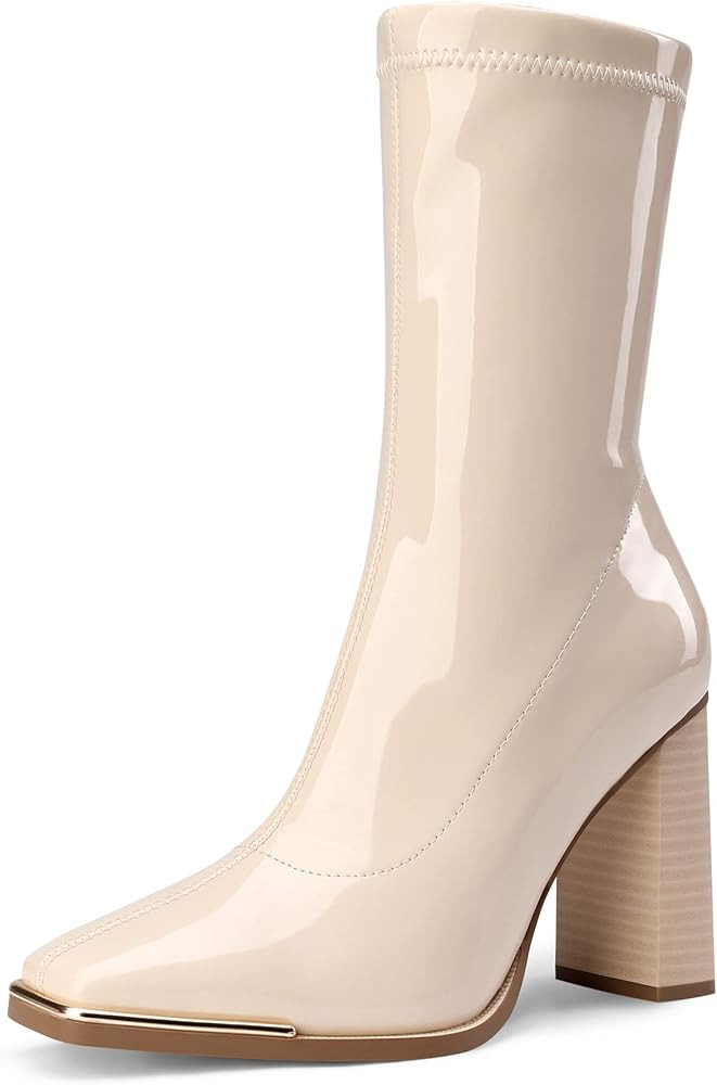 DREAM PAIRS Women's Square Toe Gogo Boots Elastic Ankle Boots High Chunky Block Heel Mid Calf Boo... | Amazon (CA)
