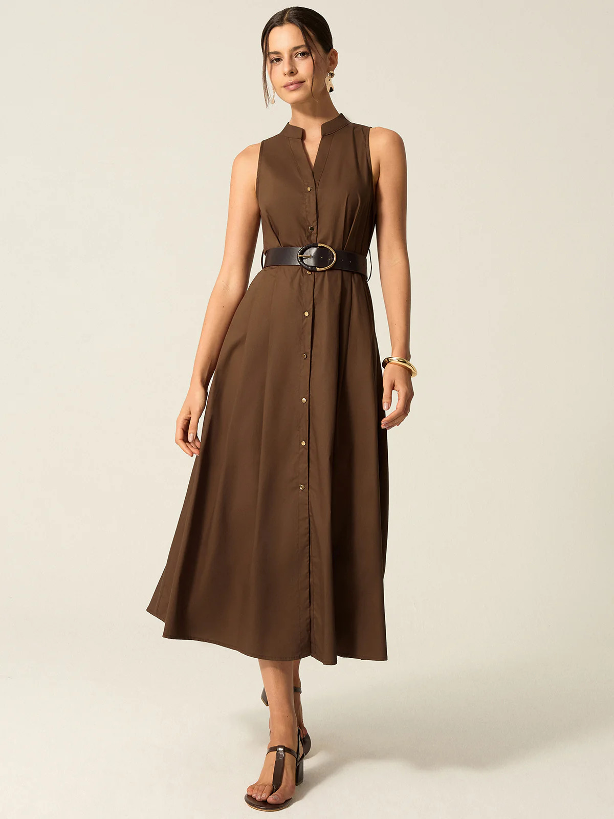 Belted Button-Front Midi Dress | Commense