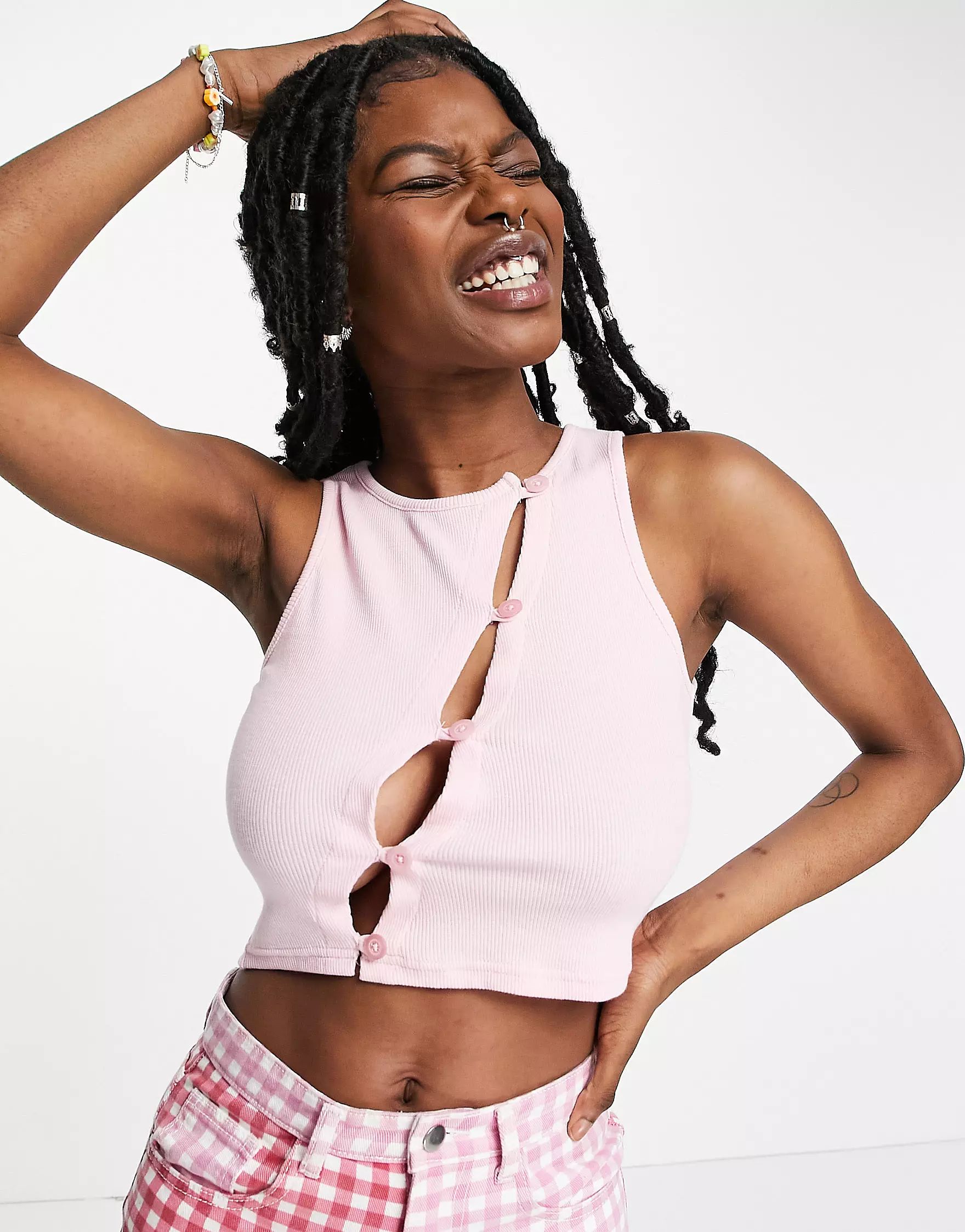 Daisy Street cropped tank top with asymmetric buttons in baby pink | ASOS (Global)