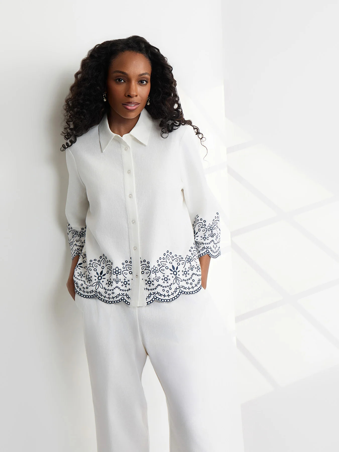Scallop Hem Embroidered Blouse, Linen | Jones New York