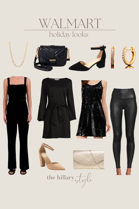 Walmart Holiday Outfits Still In-Stock. Great finds for your NYE party or last minute holiday get together. Black dress, faux leather leggings, velvet jumpsuit, black heels, nude pumps, clutch, gold jewelry. Holiday outfit, New Year’s Eve Outfit, Little Black dress.

#LTKHoliday #LTKstyletip #LTKSeasonal