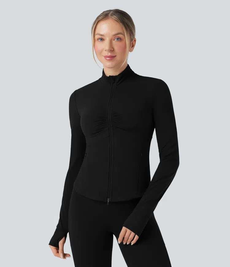 Women’s Halara UltraSculpt™ Mock Neck Ruched Push-Up Long Sleeve Thumb Hole Yoga Jacket with ... | HALARA