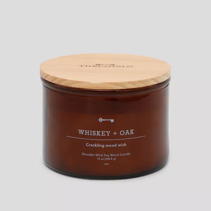 14oz Lidded Glass Jar Crackling Wooden 3-Wick Candle Whiskey & Oak - Threshold™ | Target