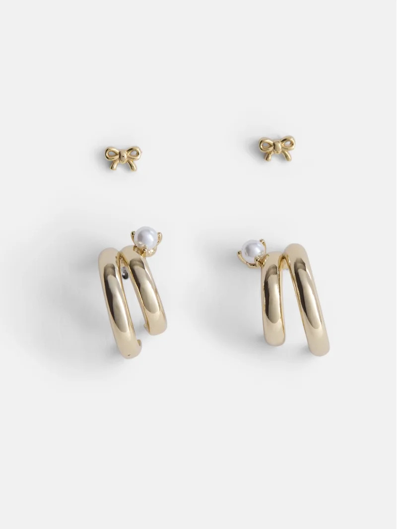 Free Assembly Women's Demi Fine 14K Gold Plated Simulated Pearl and Hoop Earring Set, 2-Pairs | Walmart (US)