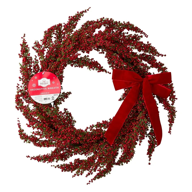 Berries with Bow Christmas Wreath, Red, 22", by Holiday Time | Walmart (US)