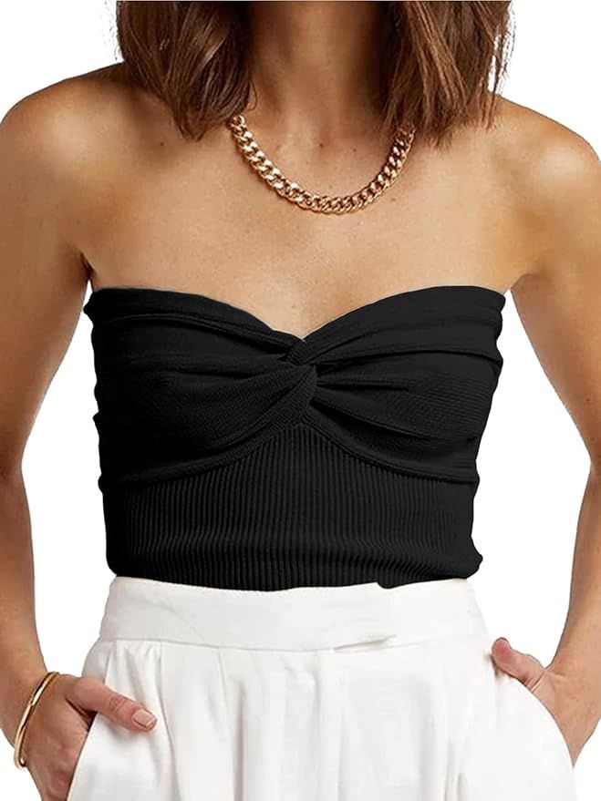 Women's Sexy Strapless Crop Tops Cute Twist Knot Front Knit Sleeveless Backless Going Out Y2K Cam... | Amazon (US)