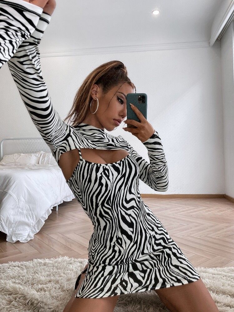 Zebra Striped Super Crop Top & Cami Dress | SHEIN