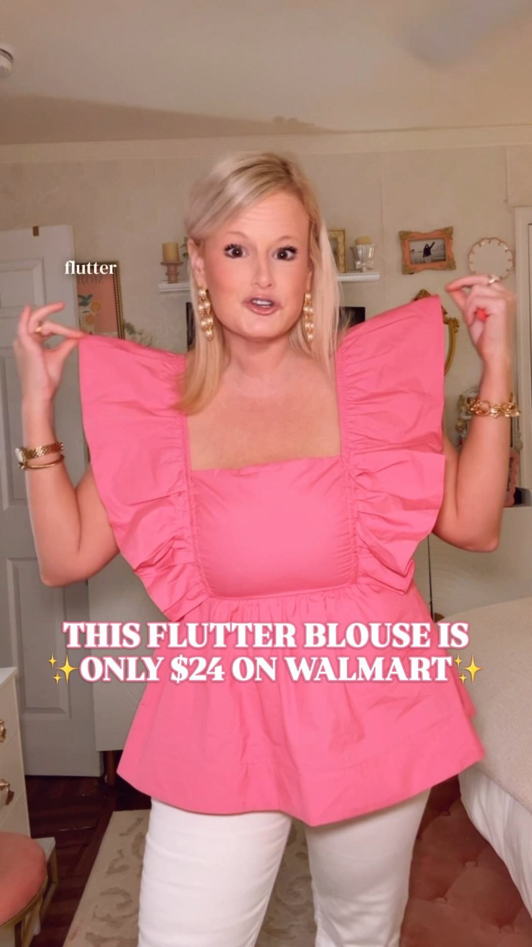 Walmart summer top | Free Assembly top | pink flutter sleeve blouse | white denim outfit | preppy summer outfit

This $24 Walmart top is the reason white denim exists.

The pink cotton, square neckline, dramatic flutter sleeves, peplum shape, smocked back, tie-back neck, and lined front bodice make it look like a much pricier boutique top. And it’s $24. Let’s all laugh together. 

I’m in a medium. True to size. 100% cotton with that crisp cotton poplin feel. Also available in chambray.

The flutter sleeves give the outfit shape, volume, and personality, so you can wear it with simple white jeans and you’re ready to go out the door. 

This is the top for the preppy summer closet: white denim, straight-leg jeans, denim shorts, chino shorts, linen pants, summer skirts, work pants, or wide leg trousers. The pink is the statement color; the chambray is the everyday classic.

Wear it for summer outfits, brunch outfits, teacher outfits, casual work outfits, vacation dinners, lunch dates, church, school pickup, baby showers, bridal showers, date night outfits, patio dinners, and every casual warm weather plan. 

Walmart summer top, Walmart top, Walmart finds, Walmart style, Walmart fashion finds, Free Assembly top, pink flutter sleeve top, flutter sleeve blouse, peplum top, square neck top, 100 cotton top, cotton poplin top, pink blouse, chambray top, feminine summer top, preppy summer outfit, white denim outfit, white jeans outfit, summer outfit, summer tops women, teacher outfit, work outfit, casual office outfit, vacation outfit, date night outfit, designer look for less

#LTKFindsUnder50 #FeminineStyle #WalmartStyle #WalmartFinds #SummerOutfits  #PreppyStyle #LookForLess

#LTKSeasonal #LTKootd #LTKPetite