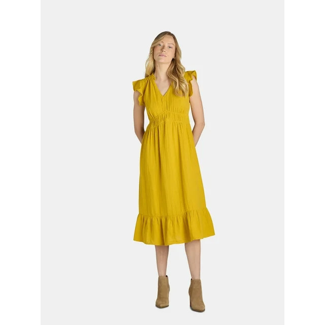 Time and Tru Women's and Women's Plus Double Cloth Midi Dress, Sizes XS-4X | Walmart (US)