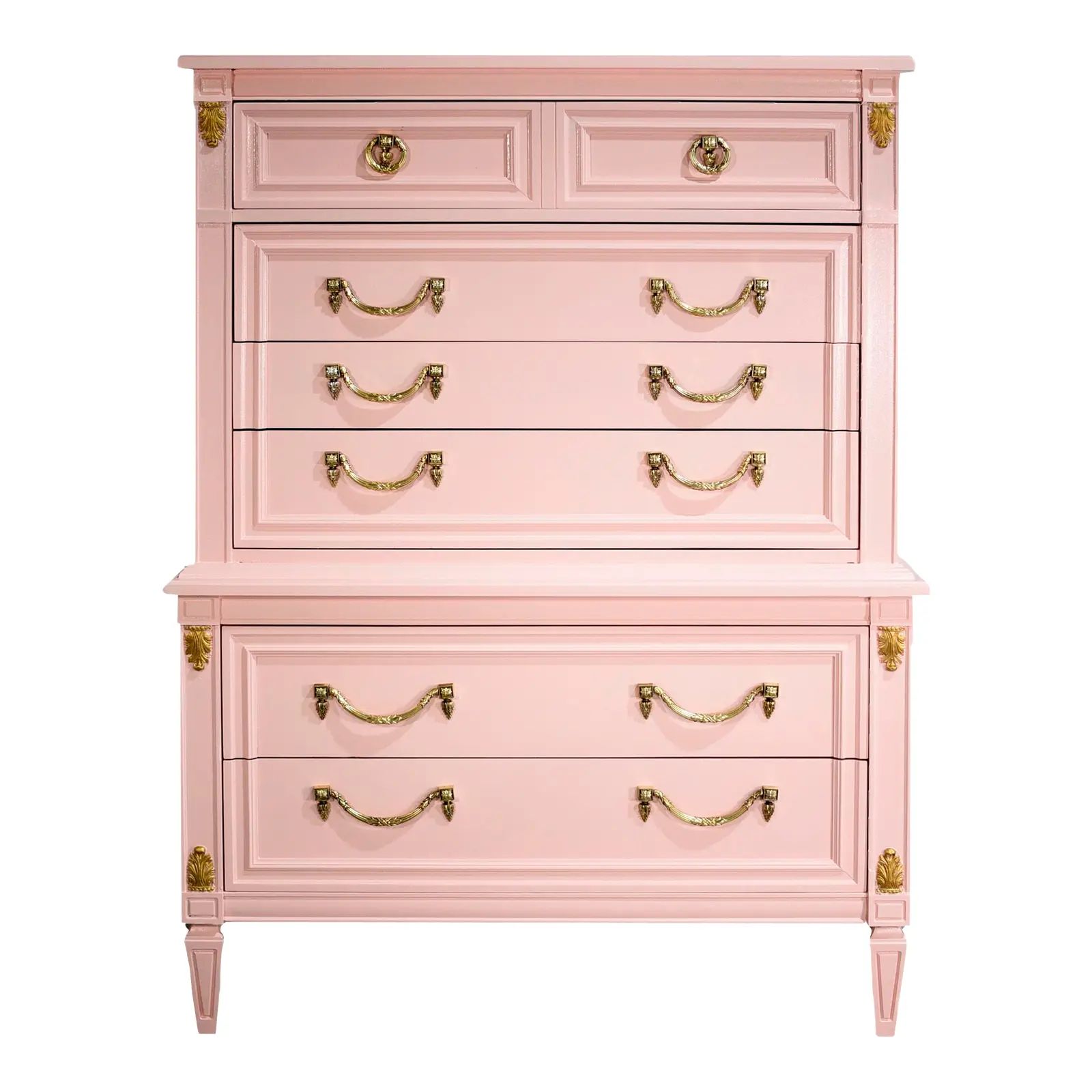Vintage Neoclassical Highboy With Wreath Brass Hardware in Pink - Newly Painted | Chairish