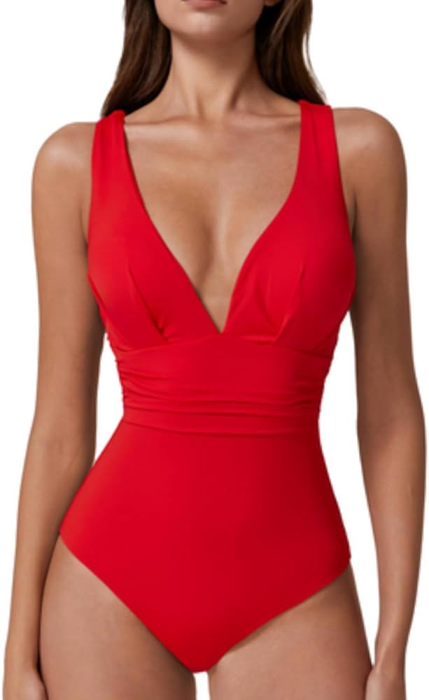 QINSEN Womens Sexy V Neck One Piece Bathing Suit Cross Back Swimsuit High Waist Monokini | Amazon (US)