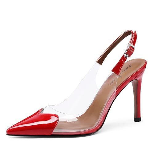 FancyQueen Red Clear Slingback Heels for Women Sexy Pointed Toe with Love Pattern Elegant Sling Back Design Size 7 | Amazon (US)
