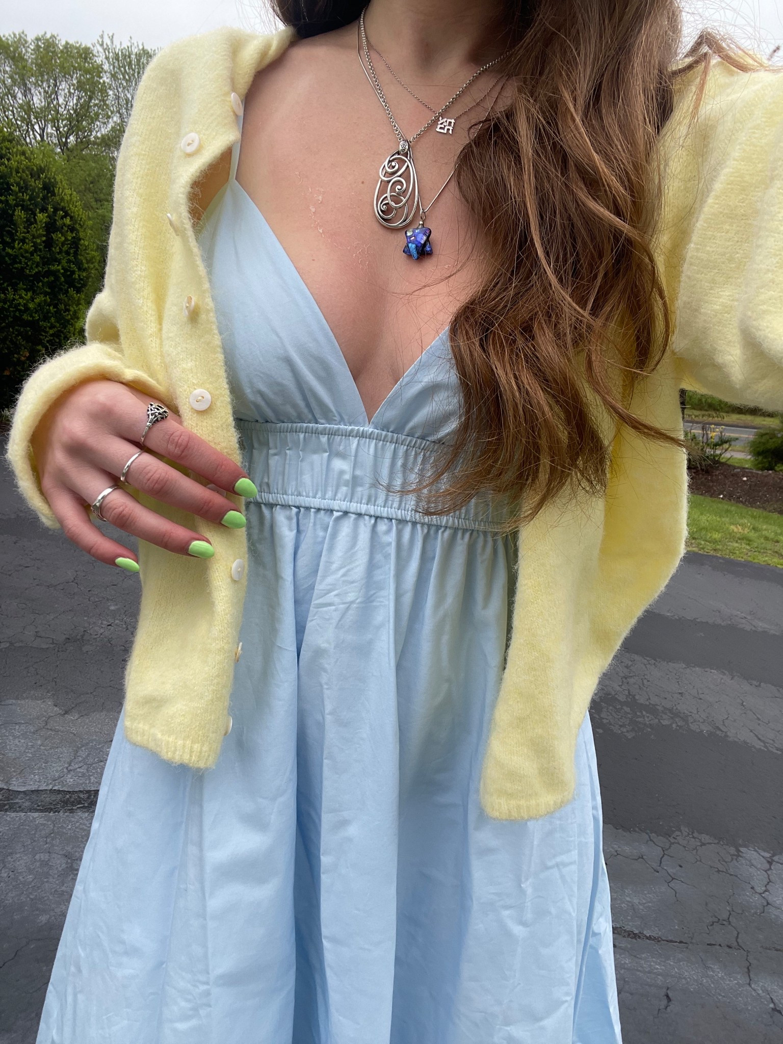 poplin dress perfect spring time outfit dress with cardigan sweater butter yellow and blue with beautiful layered silver necklaces 

#LTKStyleTip
