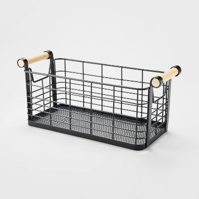13.75" x 6" x 6" Small Rectangular Wire Natural Wood Handles Basket Black - Brightroom™: Metal Storage, Powder-Coated | Target