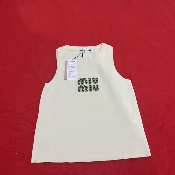 Miu Miu Cream Ribbed Tank Top with Green Crystal Logo | Poshmark