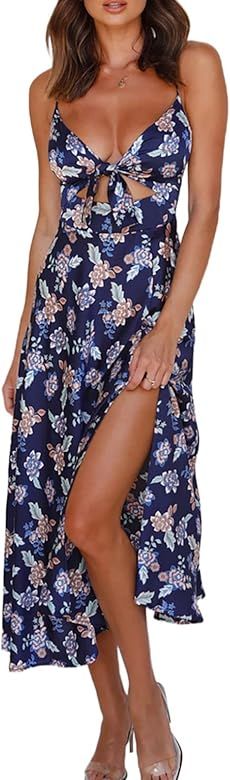 Dokotoo Womens 2022 Summer Floral Print Spaghetti Strap Sundress V Neck Tie Front Maxi Dress | Amazon (US)