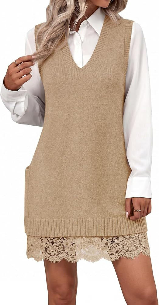 Saodimallsu Womens V Neck Tunic Sweater Vest Lace Patchwork Sleeveless Tank | Amazon (US)