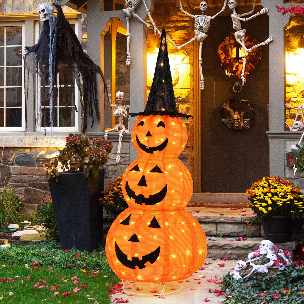 Costway 5 FT Lighted Halloween Decorations Collapsible Stacked Pumpkins with Witch Hat | Target