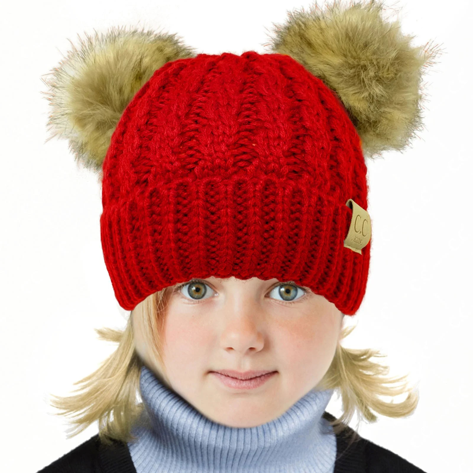 Kids Ages 2-7 Pompom Chunky Thick Stretchy Knit Slouch Beanie Cap Hat (Double Pom Faux Fur Solid ... | Walmart (US)