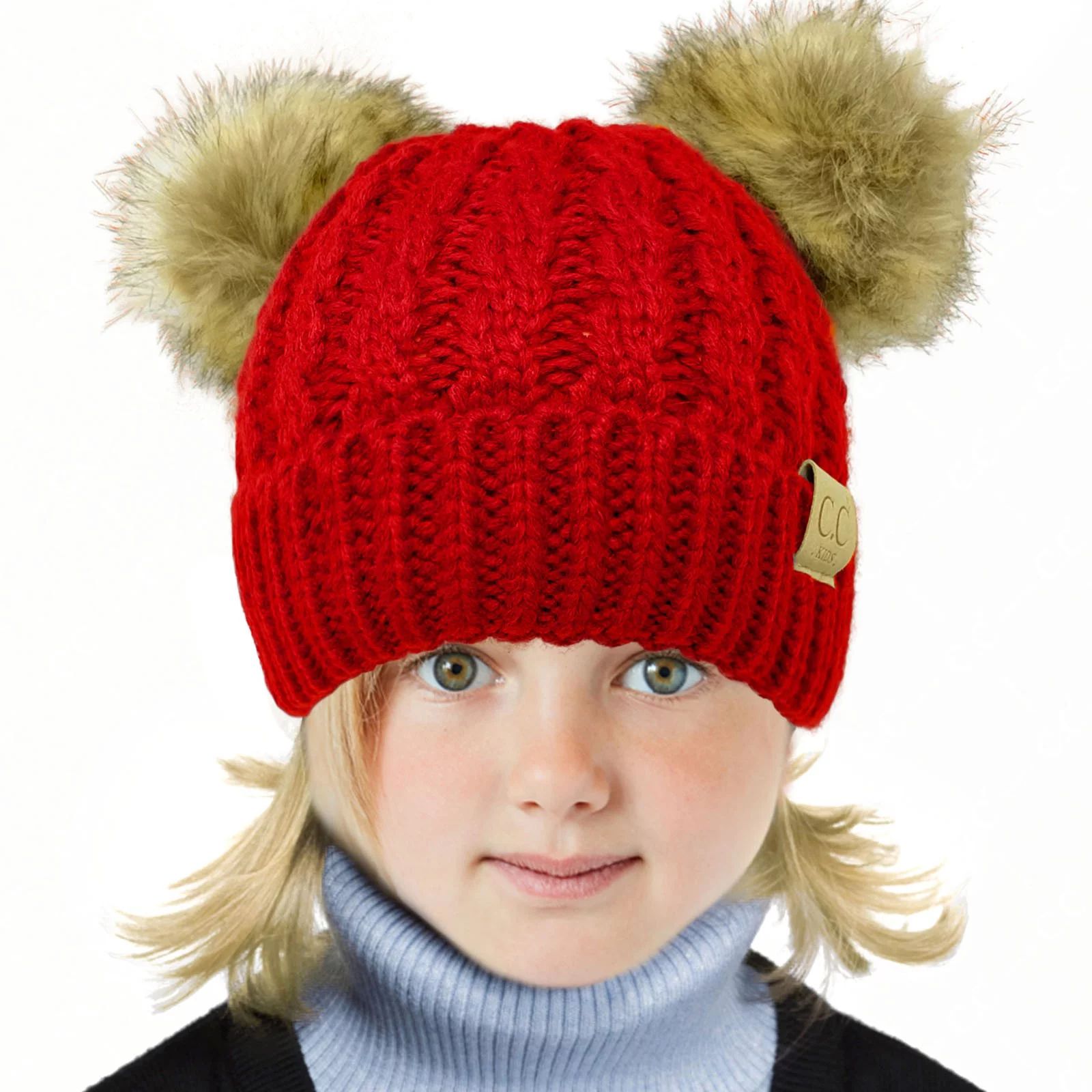 Kids Ages 2-7 Pompom Chunky Thick Stretchy Knit Slouch Beanie Cap Hat (Double Pom Faux Fur Solid ... | Walmart (US)