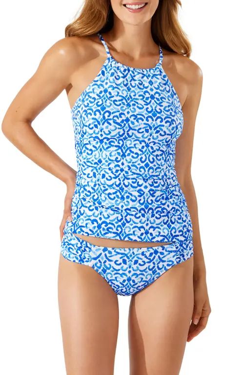 Tommy Bahama Scrolls High Neck Tie Back Tankini Top in Beaming Blue Rev at Nordstrom, Size Small | Nordstrom
