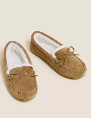 Suede Bow Faux Fur Lined Moccasin Slippers | M&S Collection | M&S | Marks & Spencer (UK)