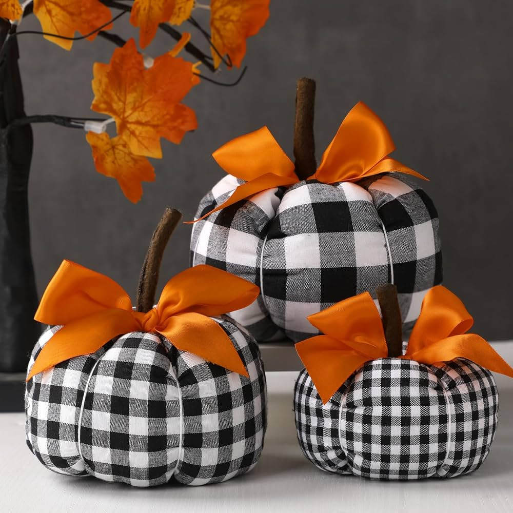 3 Pcs Assorted Sizes Fall Pumpkins Decor with Orange Ribbon Thanksgiving Buffalo Plaid Black and ... | Amazon (US)