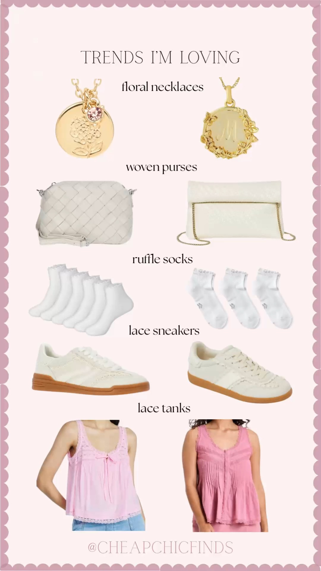 Walmart vs target trends I’m loving!
& my top picks below!

Necklace: target
Woven Purse: Walmart
Ruffle socks: Target
Lace sneakers: Target
Lace top: Walmart 

#walmartvstarget


#LTKSeasonal